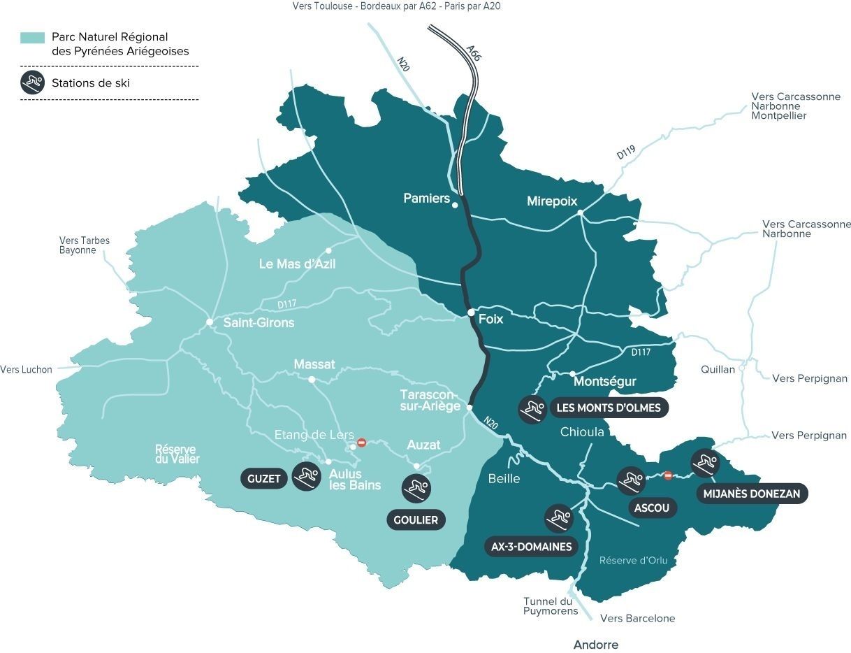 Mapa de las ocho estaciones de esquí del Syndicat des Montagnes de l'Ariège