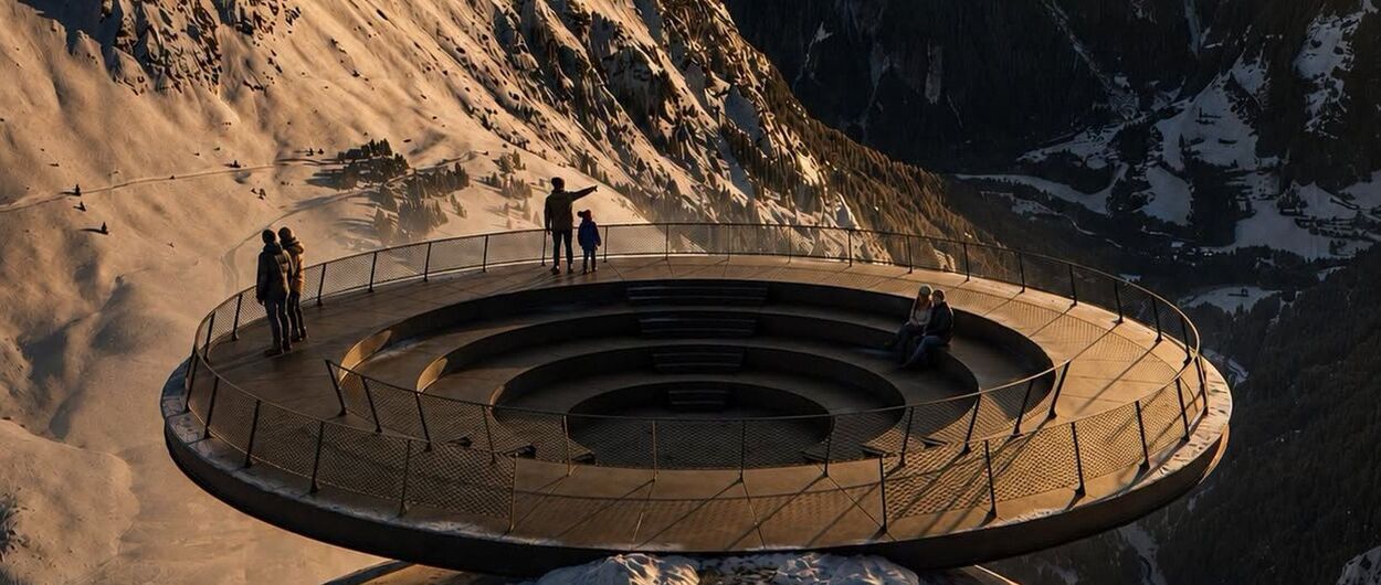 Recreación del mirador escénico del Alt de la Capa, con gradas circulares de acero corten en la cima de Pal-Arinsal